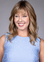 Belle Tress Swift wig in Caramel Toffee Blonde-R — smiling front view