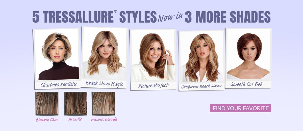 Five TressAllure styles now in Blondie Chai, Brondie, and Biscotti Blonde: Charlotte Realistic, Beach Wave Magic, Picture Perfect, California Beach Waves, and Smooth Cut Bob. Find your favorite.