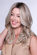 Belle Tress Omega V wig — side model view in Burnt Biscuit Blonde-R