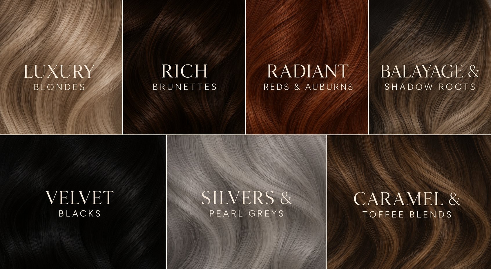 Shop by color: Luxury Blondes, Rich Brunettes, Radiant Reds and Auburns, Balayage and Shadow Roots, Velvet Blacks, Silvers and Pearl Greys, and Caramel and Toffee Blends